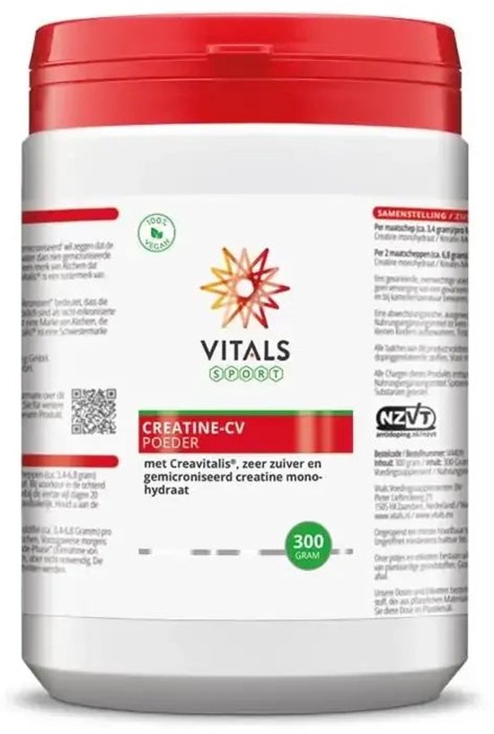 Witte pot met rode dop, Vitals Creatine-CV poeder met 300 gram vermelding.