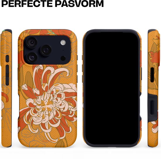 Set van drie hoesjes voor een telefoon met een oranje achtergrond, rode en witte bloemenprint. Gedetailleerde bloemblaadjes, perfecte pasvorm.