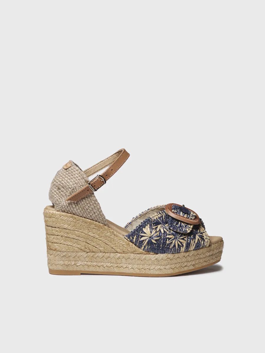 Dames espadrille met sleehak in tweekleurig raffia | LIA-RF