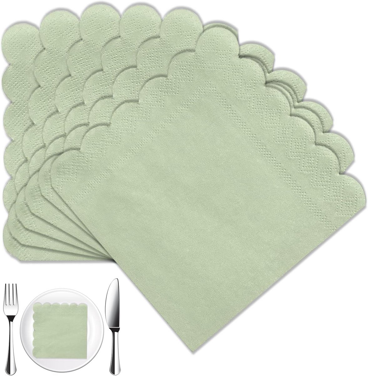 20 Saliegroene Papieren Servetten met Golfrand voor Bruiloft en Feest, 25x25 cm