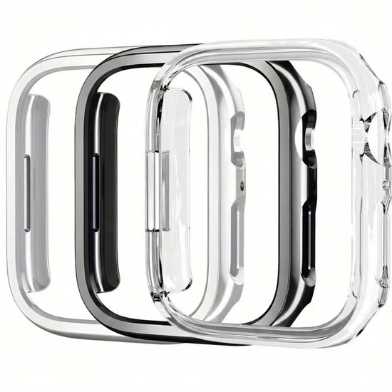 Drie Apple Watch beschermhoesjes op een rij: zilverkleurig, zwart en doorzichtig.