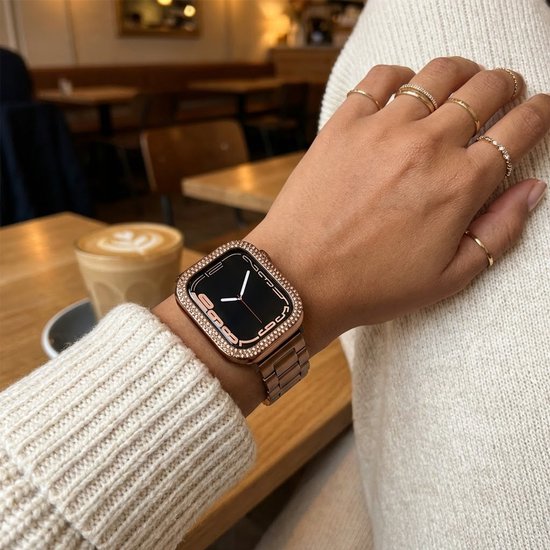 5 stuks Zwart transparant zilverkleurig roze en rosé goudkleurig smartwatch screenprotector met beschermhoes set geschikt voor Apple Watch 42 mm serie 1 / 2 / 3 PC case met dubbele rij strass steentjes