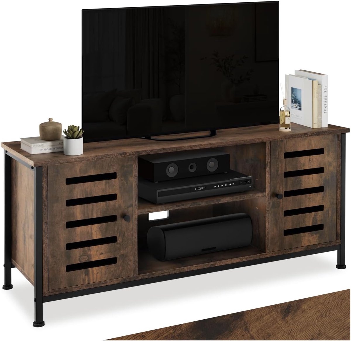 TV-meubel industrieel 110x41,5x50,5 cm – Multifunctionele tv-standaard met opbergruimte, verstelbare planken, kabelbeheer en deuren – Hout + Metaal – Geschikt voor televisies tot 55 inch – ABkantoor