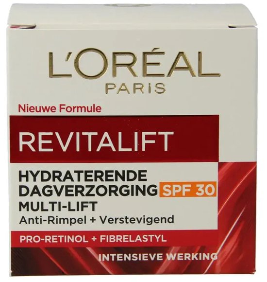 L'Oréal Paris Revitalift hydraterende dagverzorging met SPF 30. Nieuwe formule, anti-rimpels + extra stevigheid. Pro-retinol + Fibrelastyl. Intensieve werking.