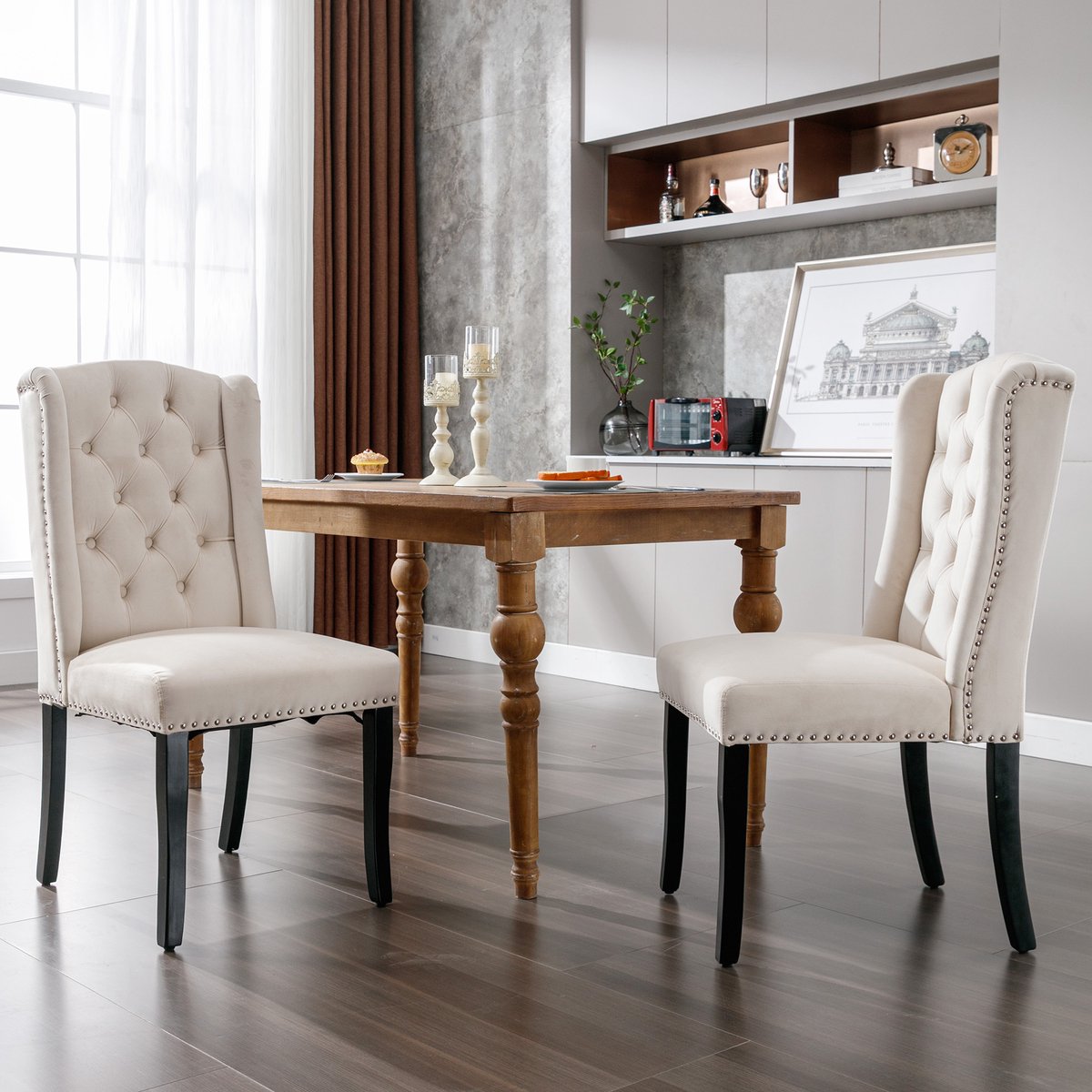 Clruro Eetkamerstoelen - Set van 2 - Knopen & Chromen Klopper - Eikenhouten Poten - Fluwee