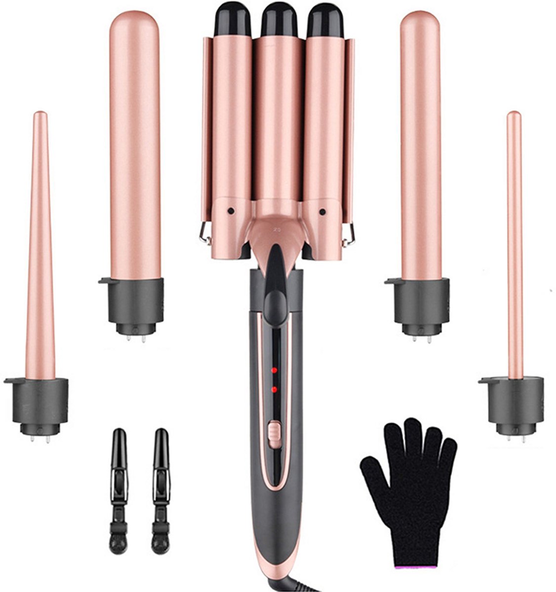 Krultang, multifunctionele verwisselbare koppen, LED-display, 5-in-1 krultangset, opwarmtijd van 60 seconden, roze