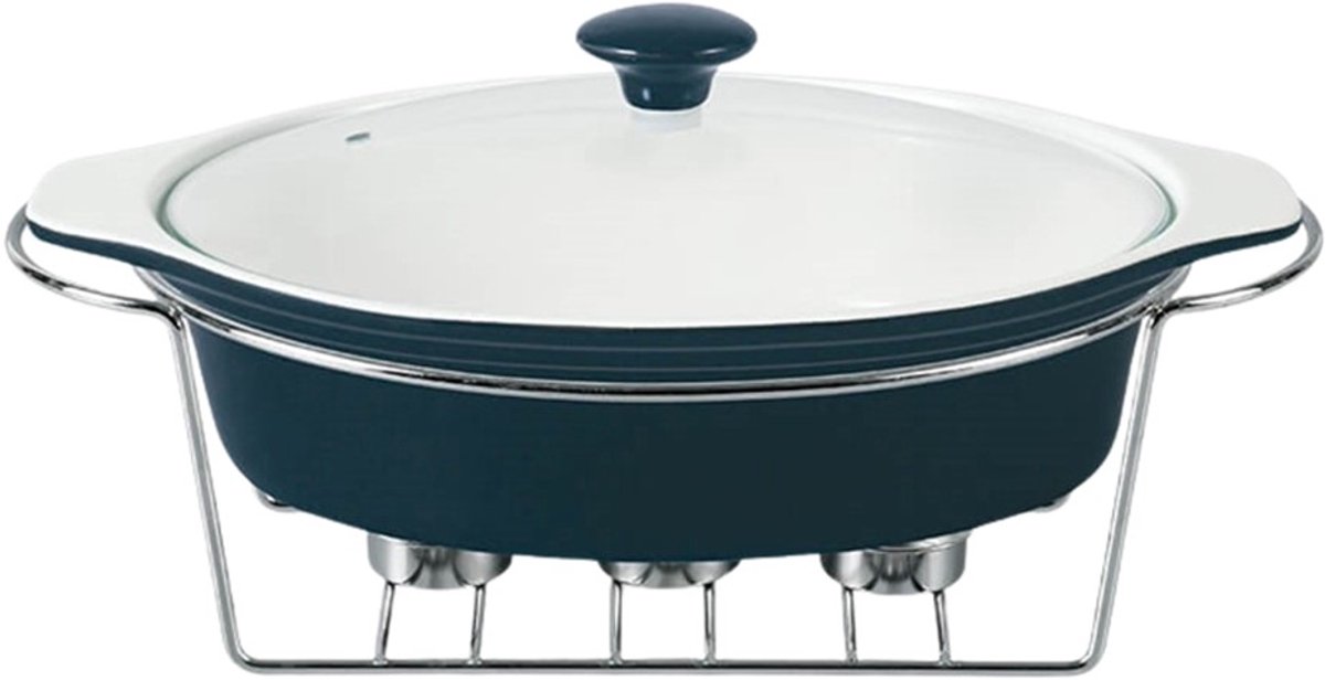 Maestro Keramische Warmhoudschaal - 1.5L - Inclusief Glazen Deksel en Rechaud voor 3 Waxinelichtjes - Zwart - 32.5 cm