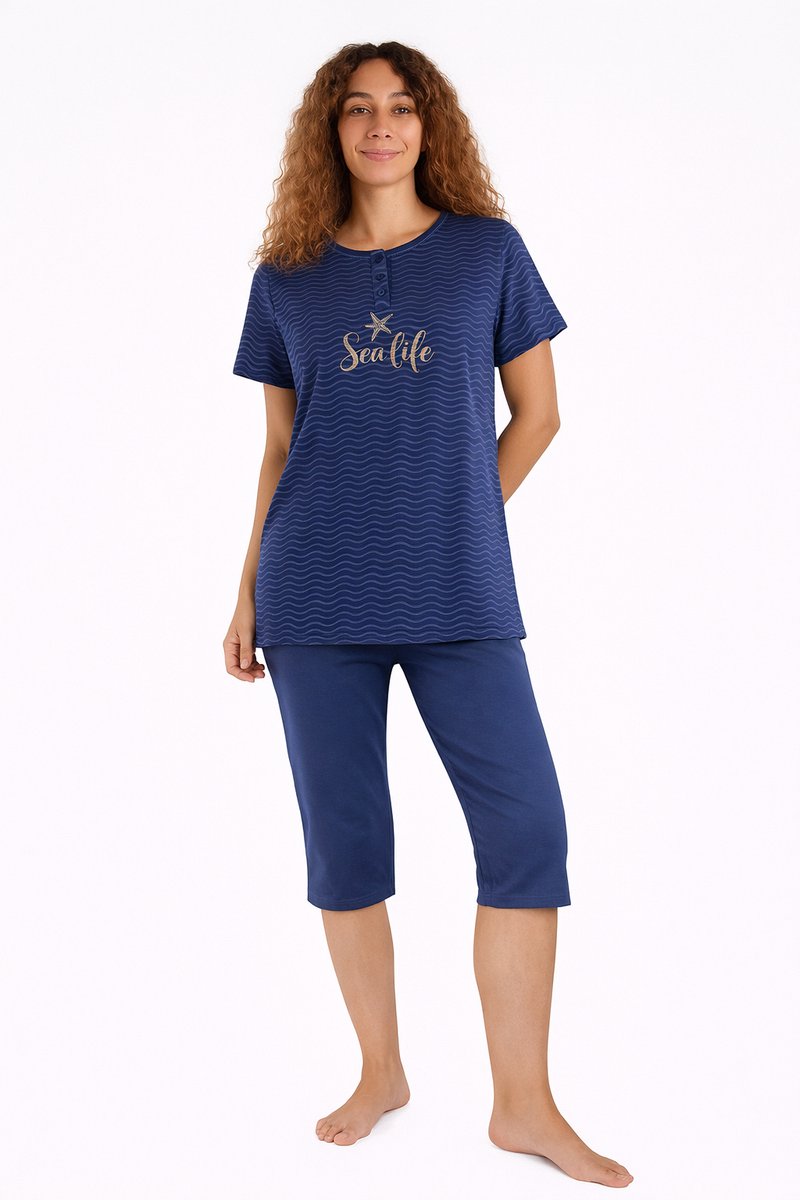 Dames Pyjama - Katoen - Zomer - 3/4 broek - Donkerblauw Gestreept - Maat S
