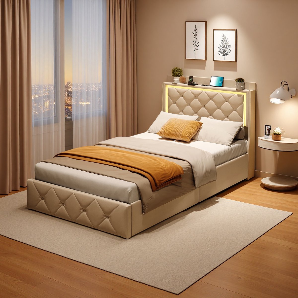 Rosahqnda Kinderbed 90x200cm, eenpersoonsbed met ledverlichting, usb-poort en 2 lades, lattenbodem van hout, beige fluweel