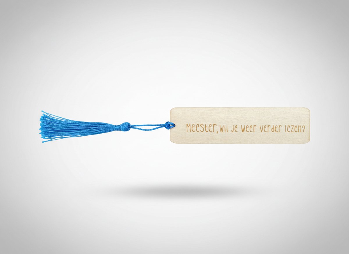 Hip met Pit Creaties Boekenlegger Meester - Houten met flos - 9x3 cm - "Wil je weer verder lezen?" - Cadeau meester