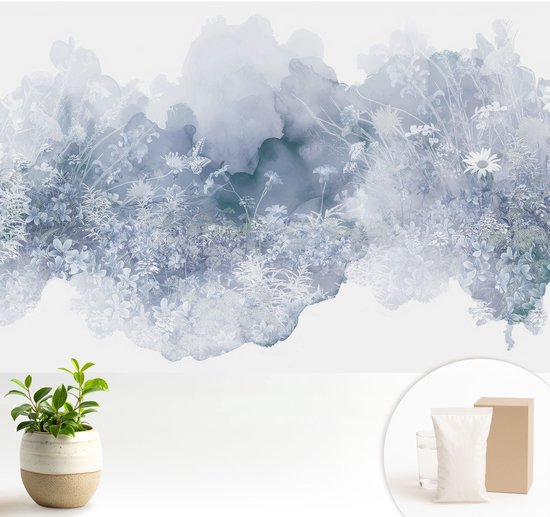 Wallfluent Behang - Bloemenweide Muurbehang - 104x70 cm - Wit Behang - Voor liefhebbers van modern design en abstracte kunst - Behang Voor de woonkamer, voor het kantoor, voor de slaapkamer - Wanddecoratie Bloemen en planten