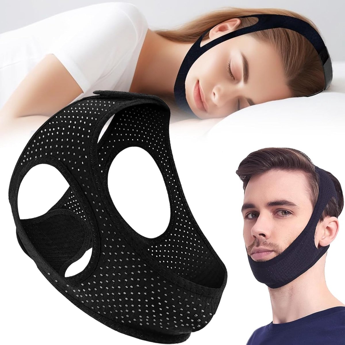 Anti-snurkapparaat - Kinband voor tijdens het slapen - Eenvoudige en effectieve kinband tegen snurken - Verstelbare kinband met luchtstroomregeling - Unisex anti-snurkoplossing - 2 stuks - Zwart