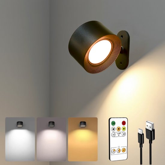 Lampe murale noire avec tête pivotante, 3 températures de couleur, télécommande et câble USB.