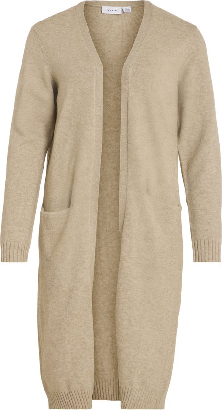 Long cardigan beige clair VILA à manches longues, ouvert sur le devant et avec poches latérales.