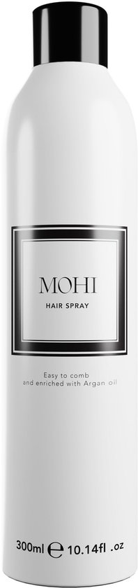 MOHI Haarspray, witte fles met zwart label en dop, 300ml.
