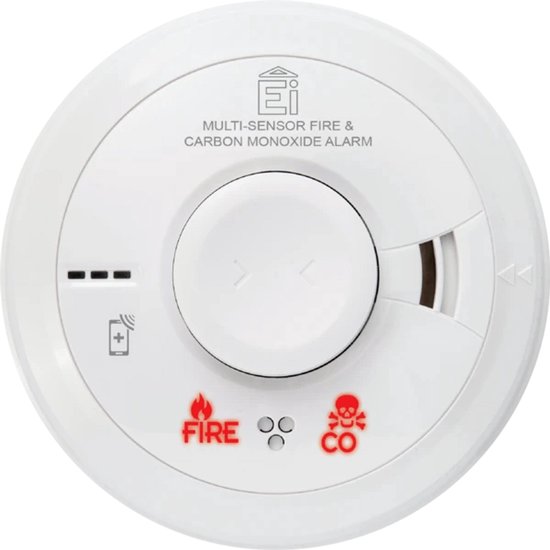 Witte ronde Ei electronics combimelder met rode CO- en vuursymbolen. Met grote centrale knop.