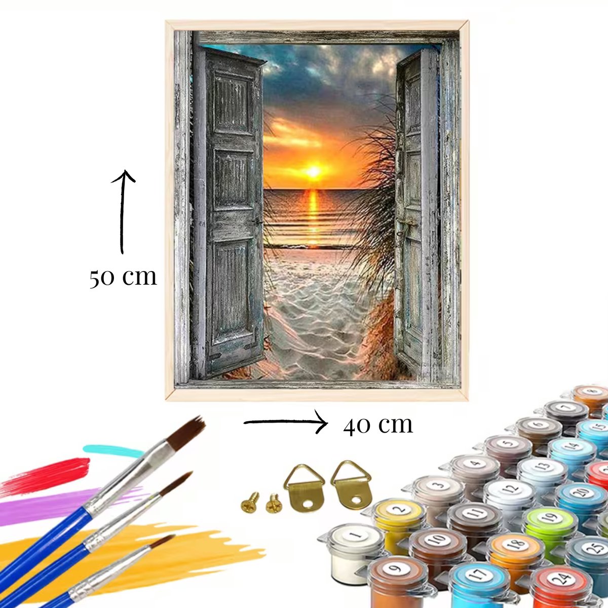 Nalovi - Schilderen op nummer - Deuren met zonsondergang aan zee - 50x40 - Landschapsschilderij - Op doek - Creatief hobby pakket voor thuis - Schilderen voor volwassenen - Ontspannen hobby — afbeelding 3