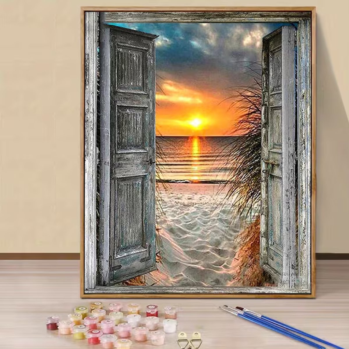 Nalovi - Schilderen op nummer - Deuren met zonsondergang aan zee - 50x40 - Landschapsschilderij - Op doek - Creatief hobby pakket voor thuis - Schilderen voor volwassenen - Ontspannen hobby — afbeelding 2