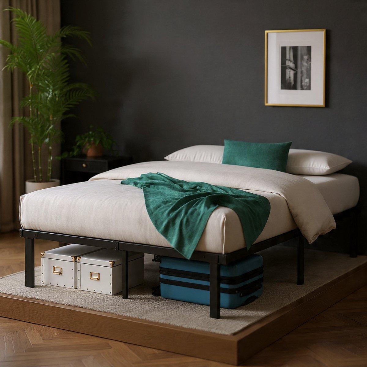Luxe Caleb Opvouwbaar Metalen Platform Bed 140x200 cm - Modern Stalen Bedframe met Opbergruimte Onder Bed - Ultra Sterk Lichtgewicht Bedbodem - 5 Jaar Garantie - Zwart - House & Garden