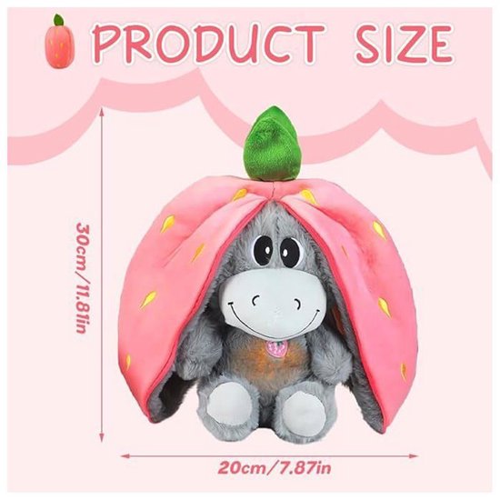 Grijze ezel knuffel in roze aardbeienhoes, 30cm hoog, 20cm breed.