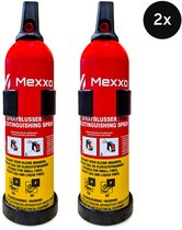 Set van 2 rode Mexxo sprayblussers met zwarte beugels en gele labels. "Sprayblusser / Extinguishing Spray".