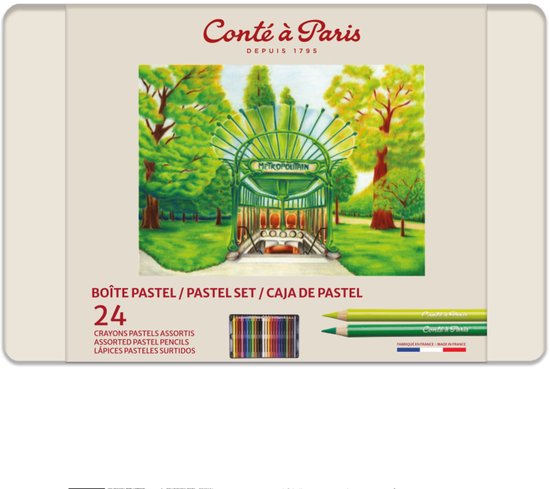Doos van 24 Conté à Paris pastelloodjes, met een illustratie van de groene metro-ingang van Parijs.