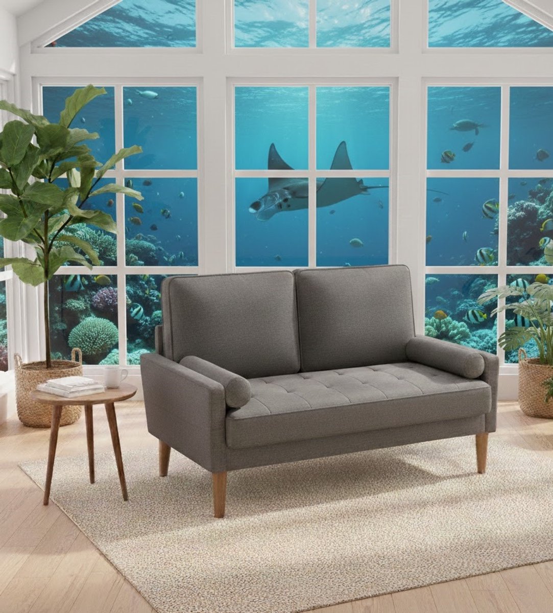 Moderne 2-zits Linnen Bank – Compacte Donkergrijze Bank met Armleuning en Sierkussens – Perfect voor Woonkamer, Kantoor, Logeerkamer of Kleine Ruimtes House&Garden