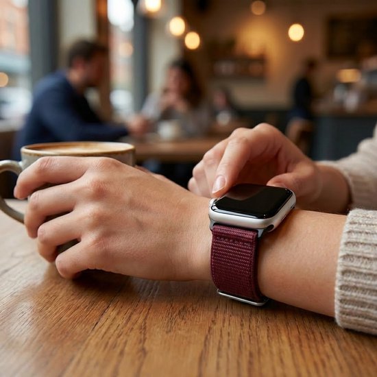 Een pols met een smartwatch en een bordeauxrood stoffen horlogebandje. De persoon houdt een kopje koffie vast.