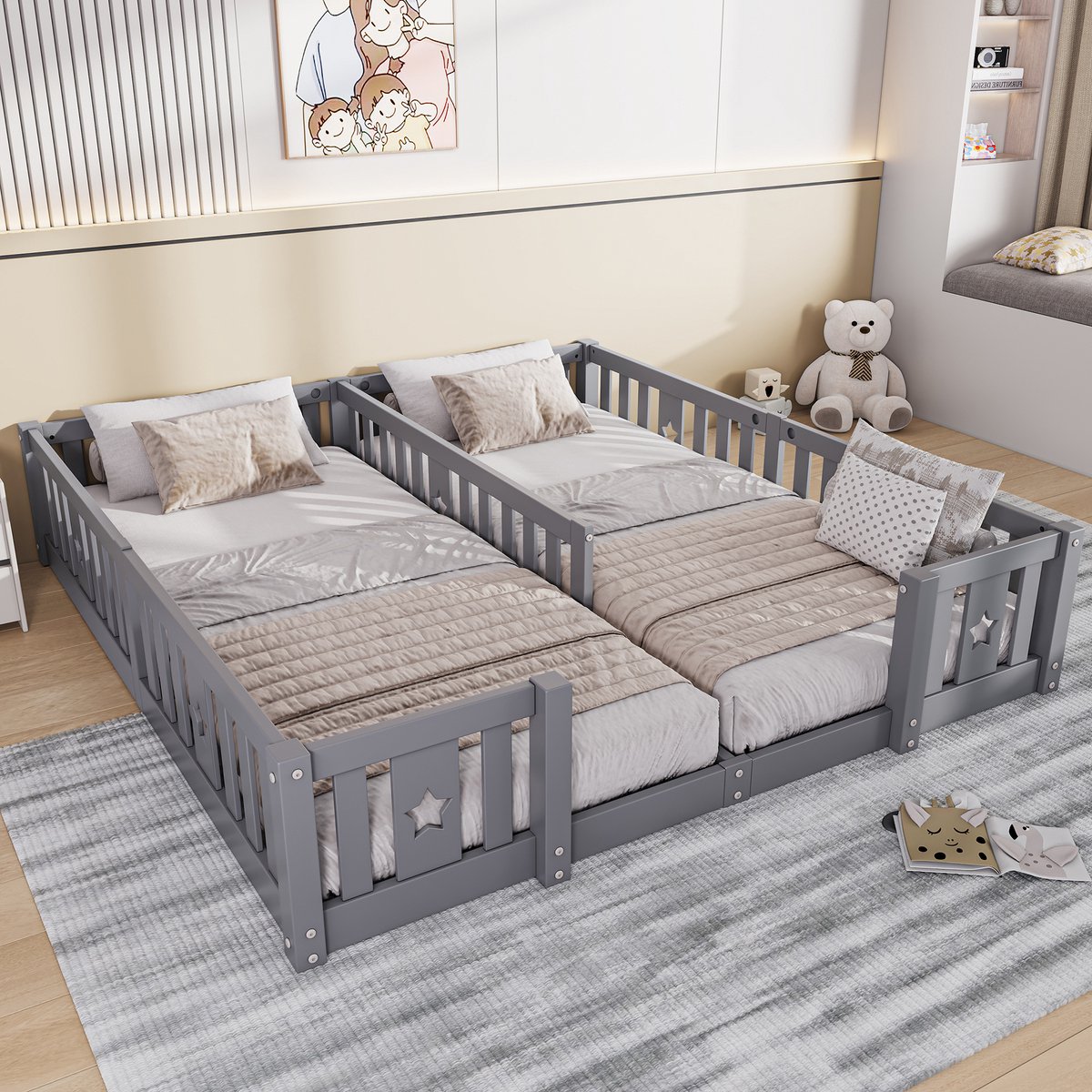 Montessori kinderbed, 90 x 200 cm, tweepersoonsbed, met veiligheidsdeur (exclusief lattenbodem), massief grenenhout, zwart, exclusief matras