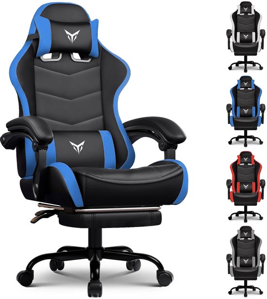 GTPLAYER - Gaming Stoel - Met Voetensteun en Verstelbare Hoofd- en Lendensteun - Blauw