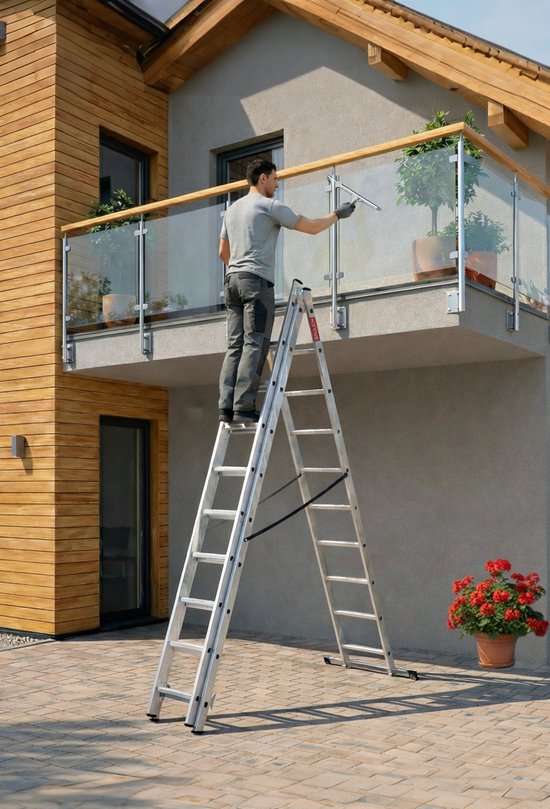 Man reinigt balkon met een aluminium A-frame ladder.
