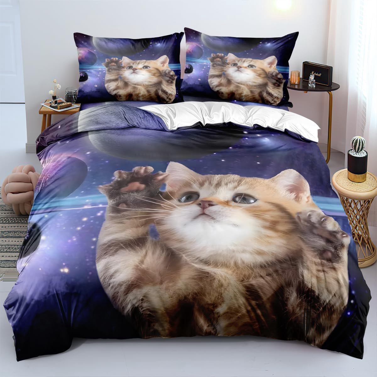 Eenpersoons dekbedovertrekset met paarse sterren en kat, microvezel beddengoedset voor een eenpersoonsbed (jongens en meisjes), onderhoudsvriendelijke, omkeerbare dekbedovertrek 135x200 cm met ritssluiting en 2 kussenslopen 50x75 cm