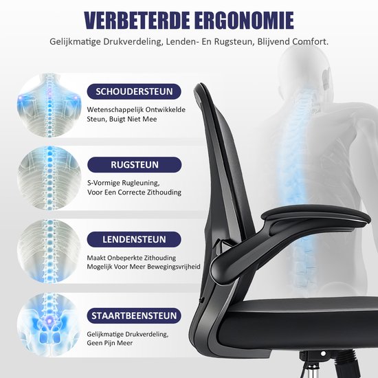 Durrafy Bureaustoel - Ergonomische Bureaustoel - Bureaustoelen voor Volwassenen - Office Chair - met Lendensteun & 90° Opklapbare Armleuningen | Verdikt en Verbreed Zitkussen | Hoogteverstelling - Stoel Tot 150kg - Zwart