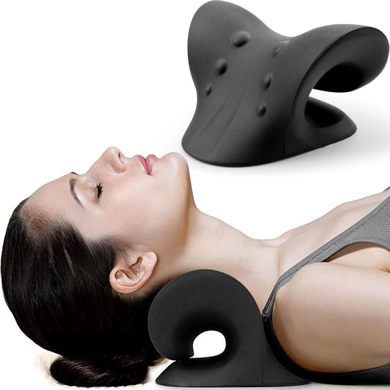 Nek- en schouderontspanner - Cervicale tractietool voor TMJ-pijn en nekcorrectie, massagekussen voor de wervelkolom, nekstrekker (zwart)