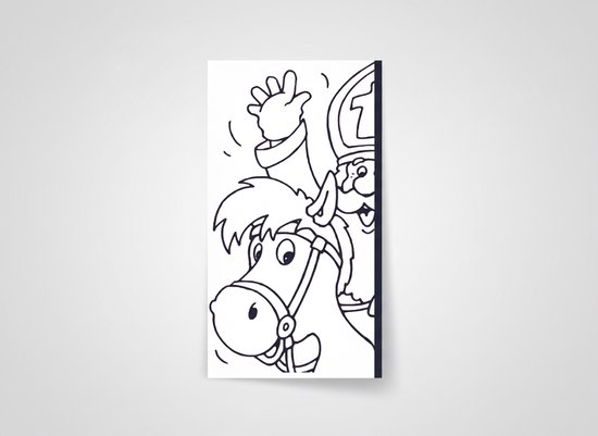 Zwart-witillustratie van Sint-Nicolaas op een paard met de hand zwaaiend.