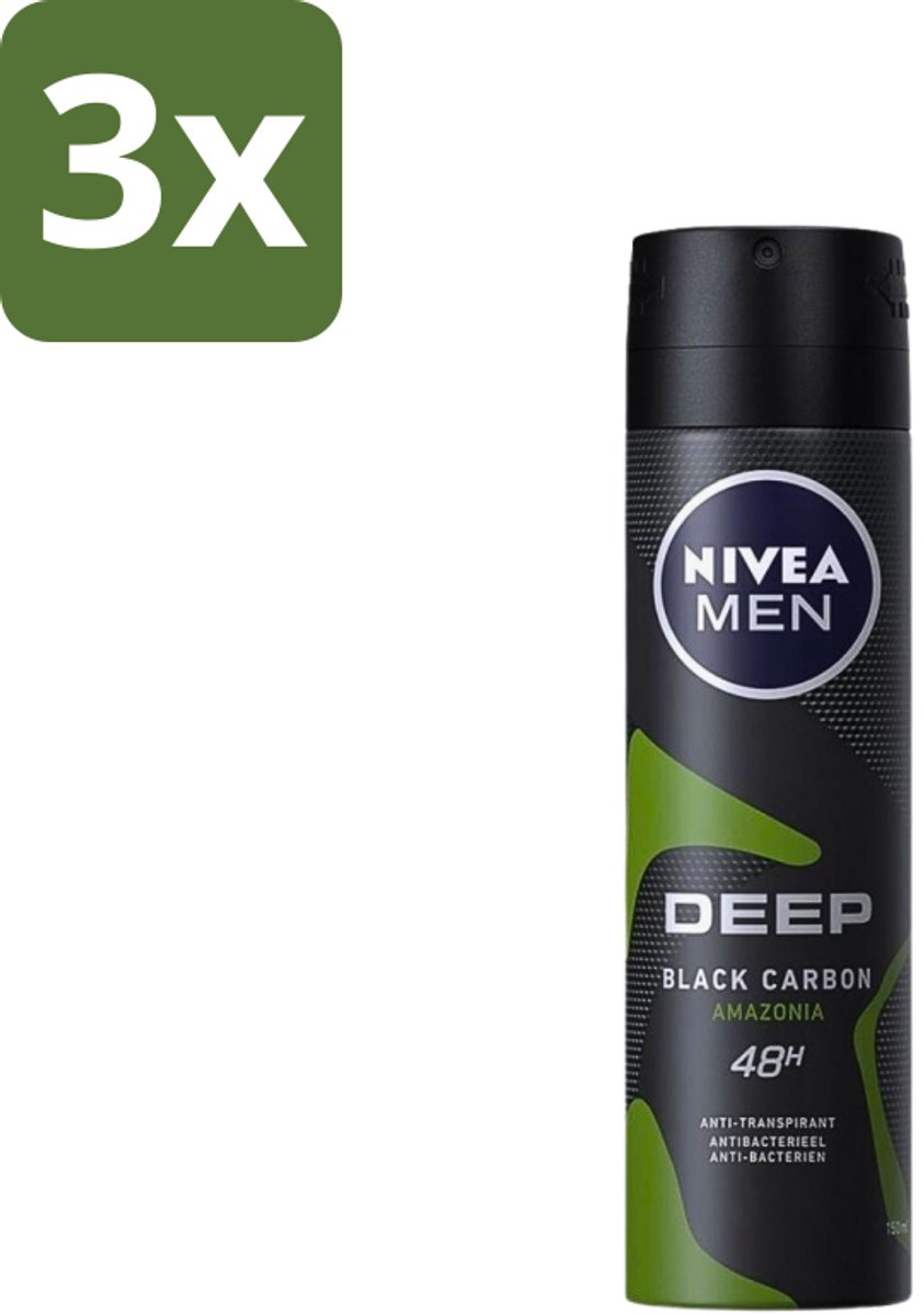 Nivea - Men - Deodorant - Spray - Deep Black Carbon Amazonia - 150 ml - Bulkverpakking - 3 stuks
