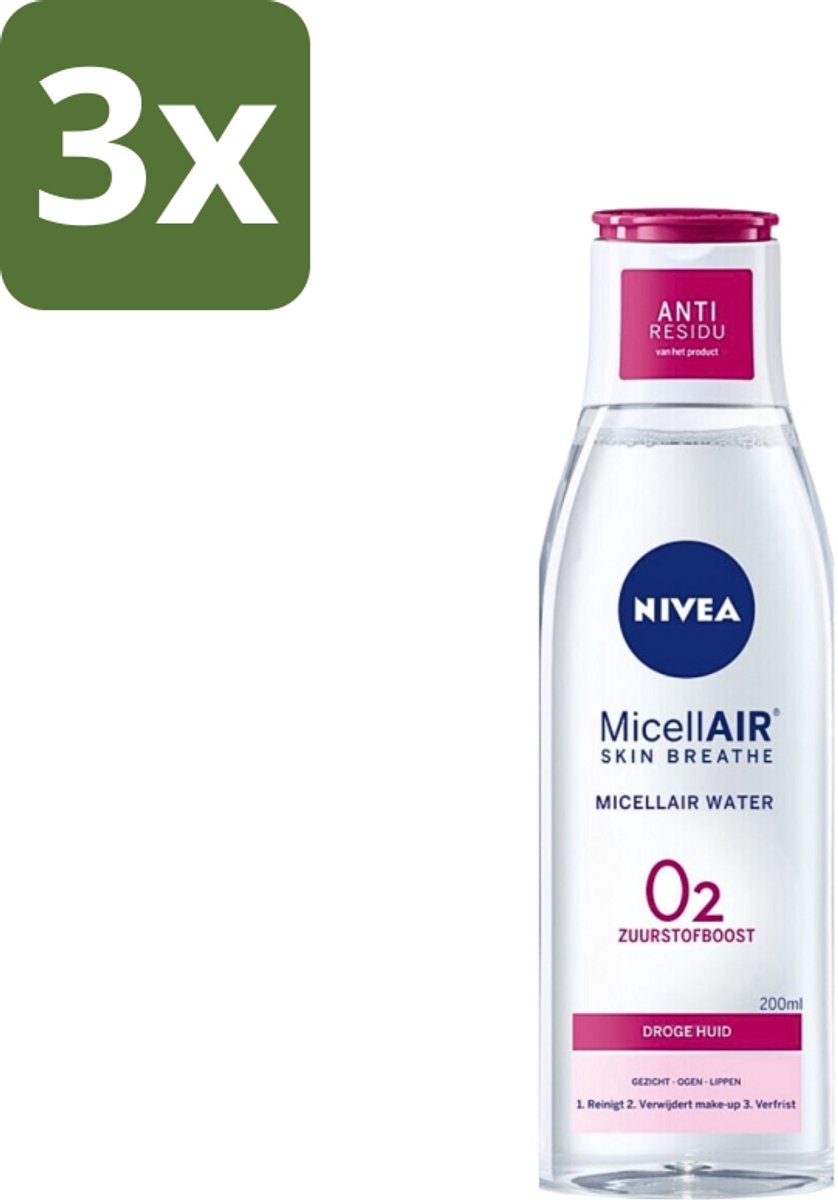 Nivea - O2 Zuurstofboost Micellair Water - Droge Huid - 200 ml - Bulkverpakking - 3 stuks