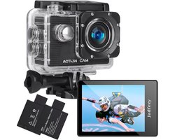 Actiecamera met 1080p, 12 MP en groothoeklens, geschikt voor gebruik tot 30 meter onder water, inclusief 2 x 900mAh accu’s met grote capaciteit en bevestigingsaccessoires voor helm, fiets, etc.