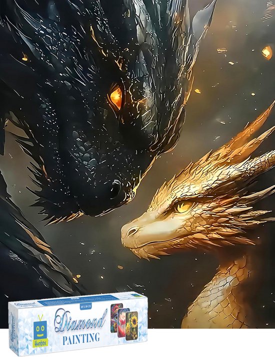 Gros plan d'un dragon noir et d'un dragon doré qui se regardent, avec des étincelles en arrière-plan. Sous l'image se trouve l'emballage du kit de peinture diamant.
