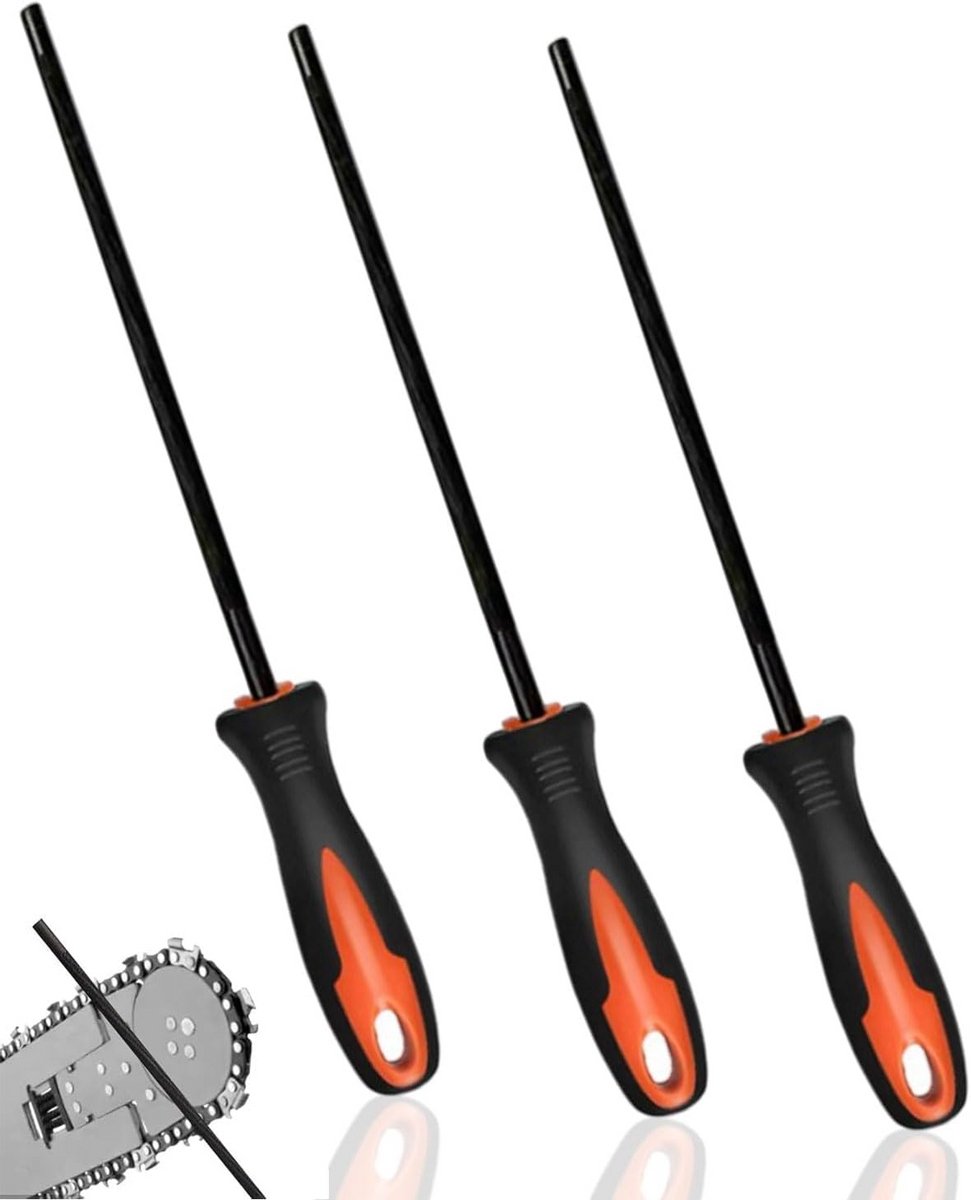 Set van 3 ronde kettingvijlen met handvat voor het slijpen van zaagkettingen