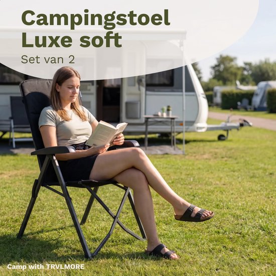 Chaises de Camping TRVLMORE Luxe - Pliable - Pack de 2 - Capacité de Charge 150 kg - Incl. Sac de Transport - Chaise Pliante - Chaise de Camping - Chaise Pliable - Zwart