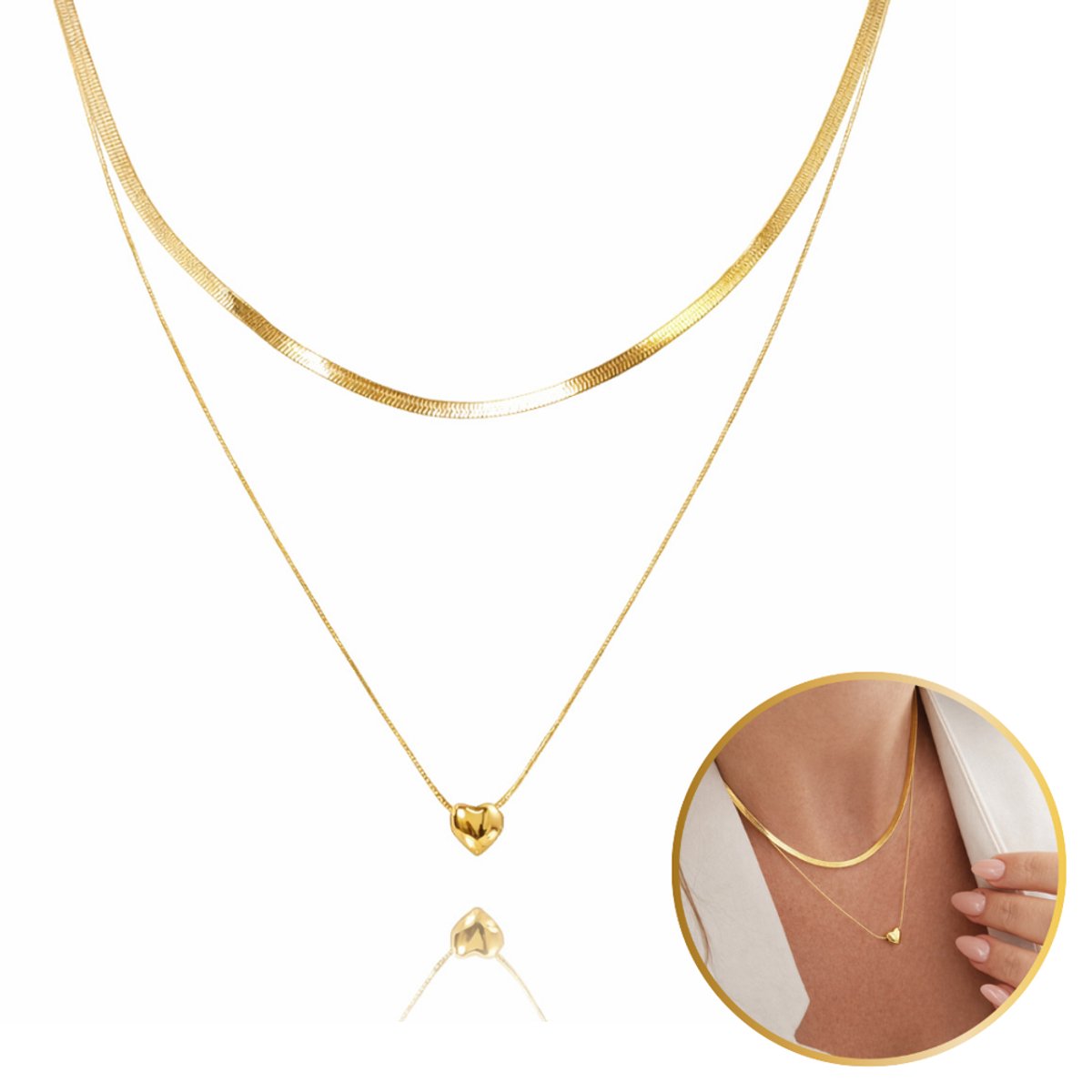 Dubbele slangenhalsketting hartje 2 delig van 14k goud verguld/ collier/ elegant/ verjaardags cadeau/ sOwiesO shop/ roestvrijstaal/ modern/ liefde/