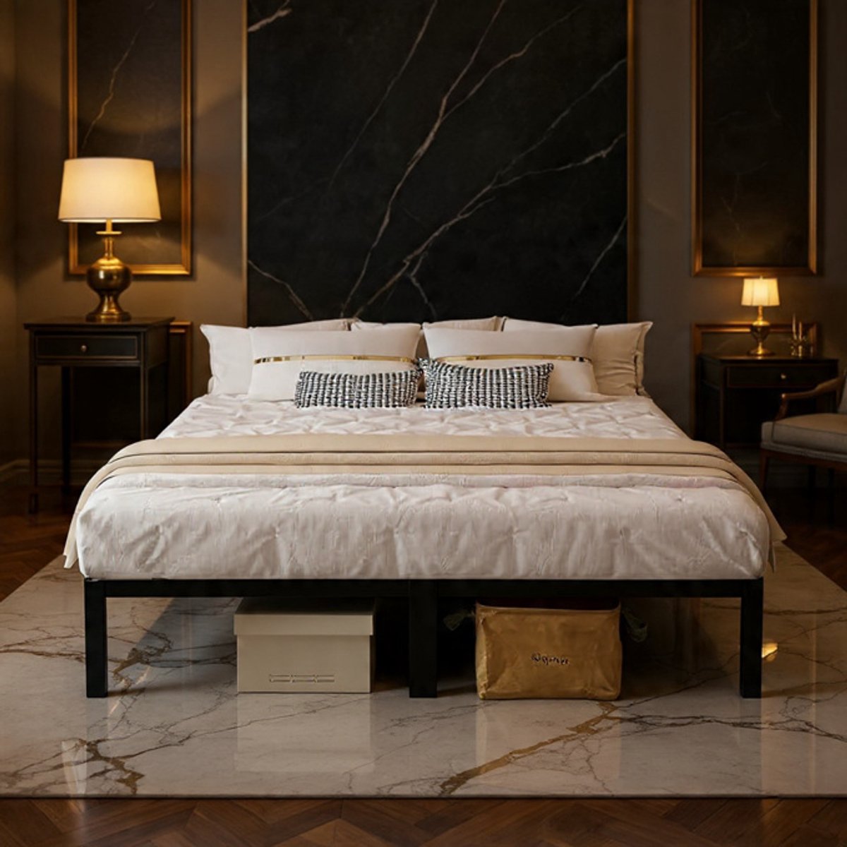 Luxe BlackSteel 140x200 cm Metalen Tweepersoons Bedframe – Robuust Stalen Lattenbodem Bed met Stil Design, Opbergruimte & Eenvoudige Montage – Modern Industrieel Slaapkamer Bed - House & Garden