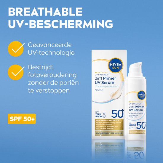 Een flesje en doosje NIVEA SUN 2in1 Primer UV Serum met "BREATHABLE UV-BESCHERMING", "SPF 50+" en "GEAVANCEERDE UV-TECHNOLOGIE".
