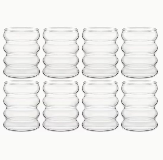 Ensemble de 8 verres à boire tendance – 350 ml – Design ondulé vintage – Verres nervurés pour café, matcha, boissons gazeuses et jus