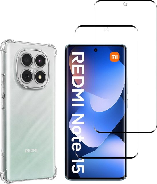 Een transparante telefoonhoes en twee glazen schermprotectors naast een Xiaomi Redmi Note 15.