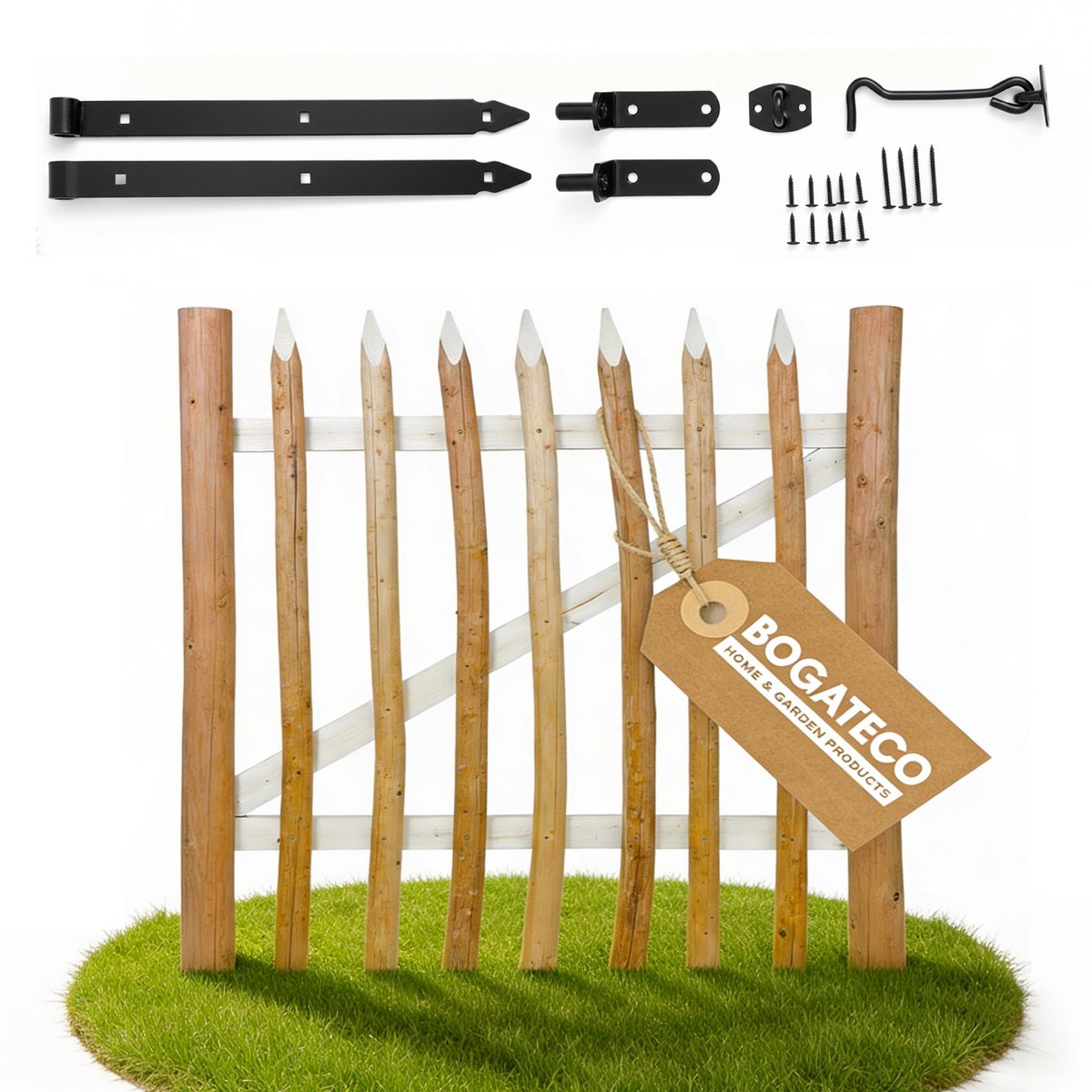 BOGATECO Hazelnoot Tuinpoort - Rechtse Tuinhekpoort - Houten Toegangspoortje - Natuurlijk Hazelnoothout - 80 cm Breed x 100 cm Hoog - Bruin