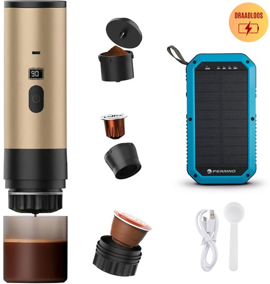 Best Active - 3-in-1 Draagbare Koffiemachine - Inclusief 10.000 mAh Solar Powerbank - Draagbaar Koffiezetapparaat - Cups en Gemalen Koffie - Draagbaar en Oplaadbaar - Espressomachine - Goud