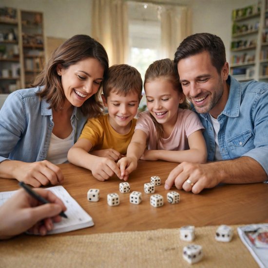 Een familie speelt een spel met dobbelstenen aan tafel.