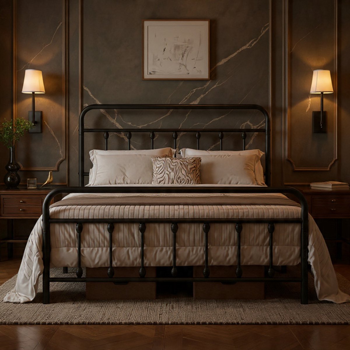 Stijlvol Vintage Metalen Bed 140x200 cm – Hoog Hoofd- en Voeteneinde – Lattenbodem Inclusief – Stevig & Piepvrij Bedframe Zwart – Perfect voor Slaapkamer, Tieners & Logeerbed - House&Garden